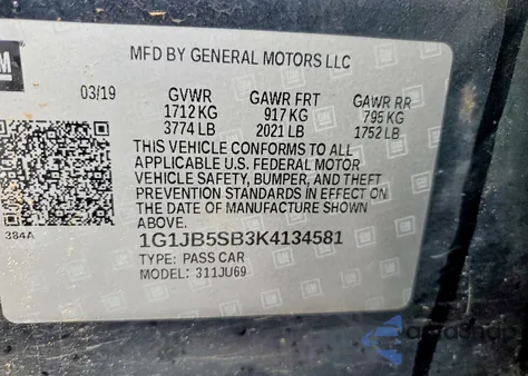 2019 Chevrolet Sonic Ls z USA, uszkodzony, nr VIN 1G1JB5SB3K4134581